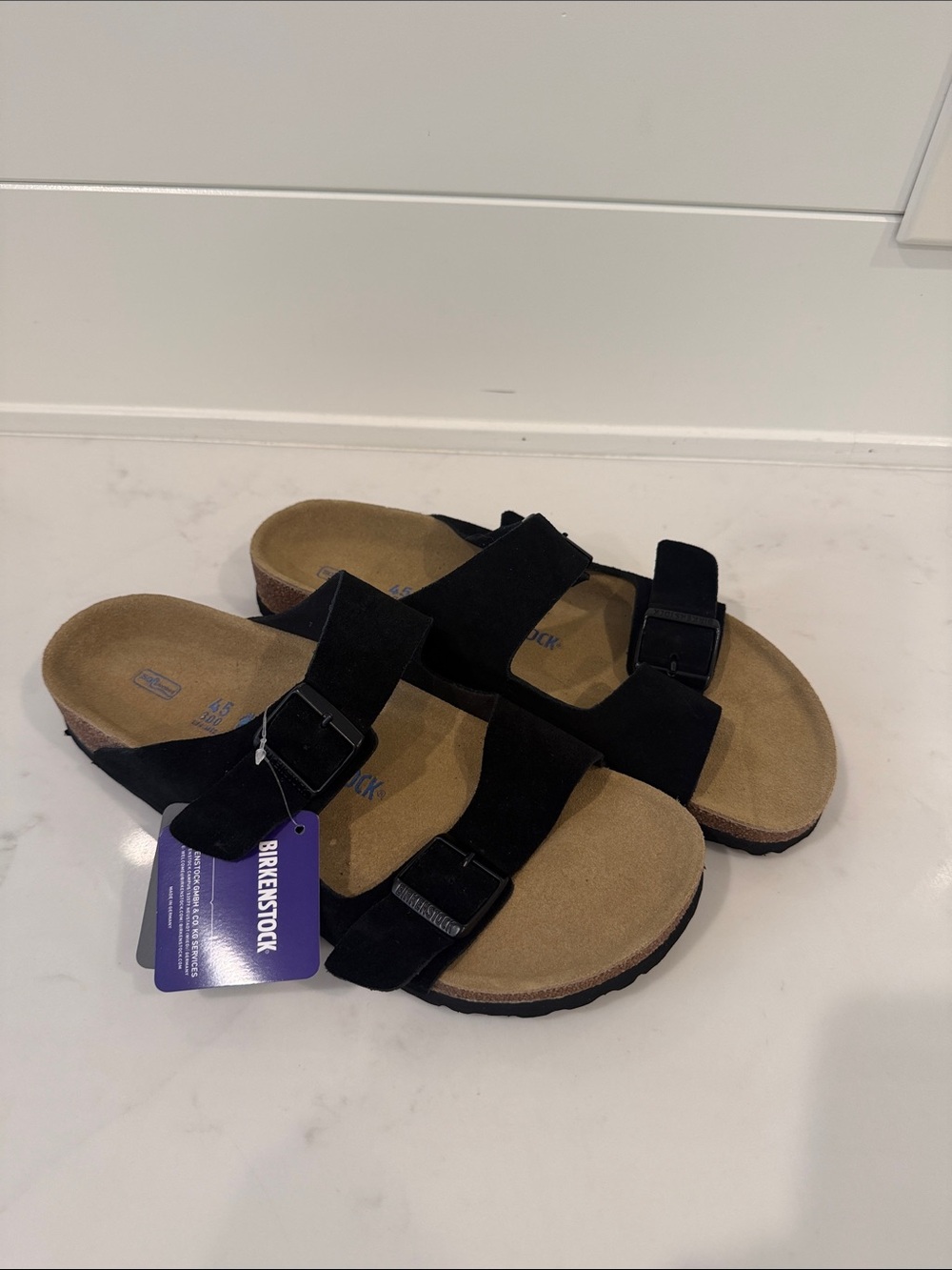 Birkenstock Black Suede Two-Strap Slide Sandals